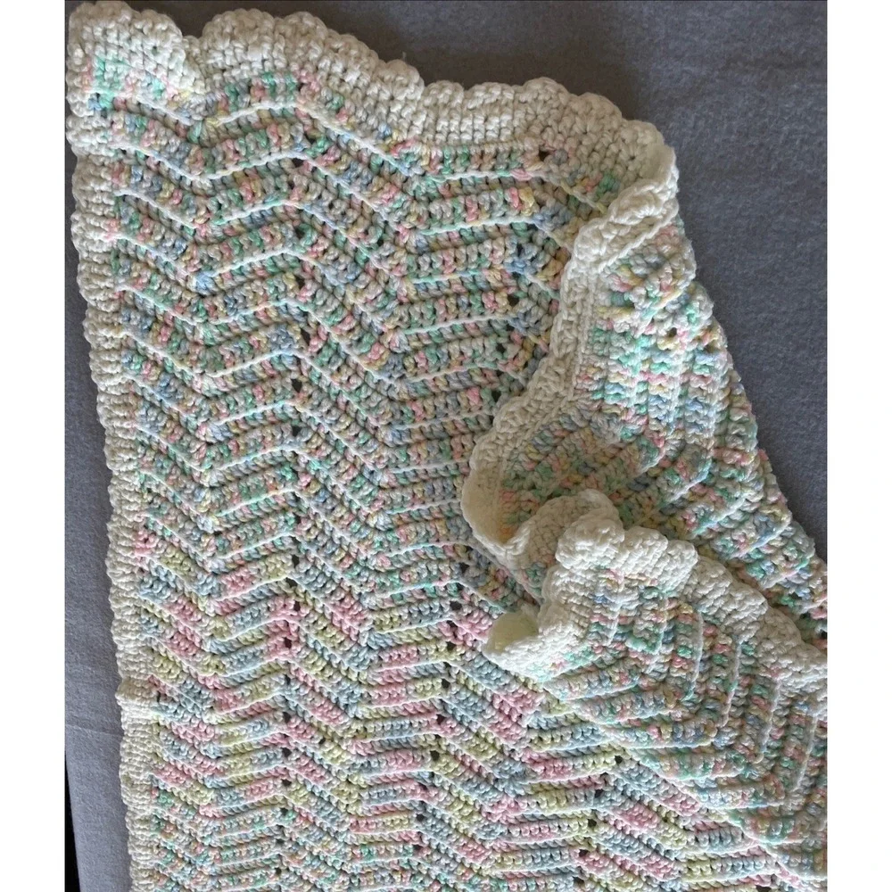 Vintage Handmade Baby Blanket Pink‎ Blue White Green Yellow Crochet 36x36